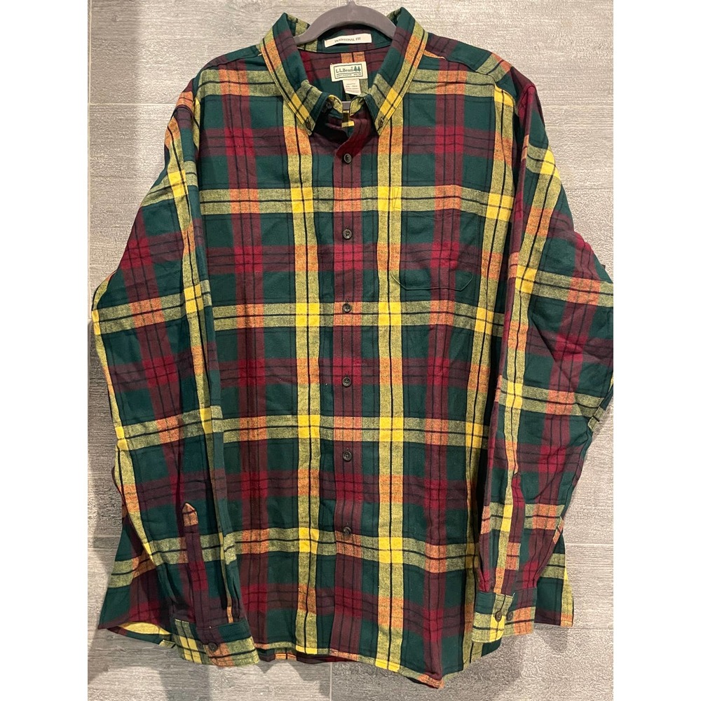 LL Bean Traditional Fit Men's Yellow/Red/Green Flannel XXL Shirt